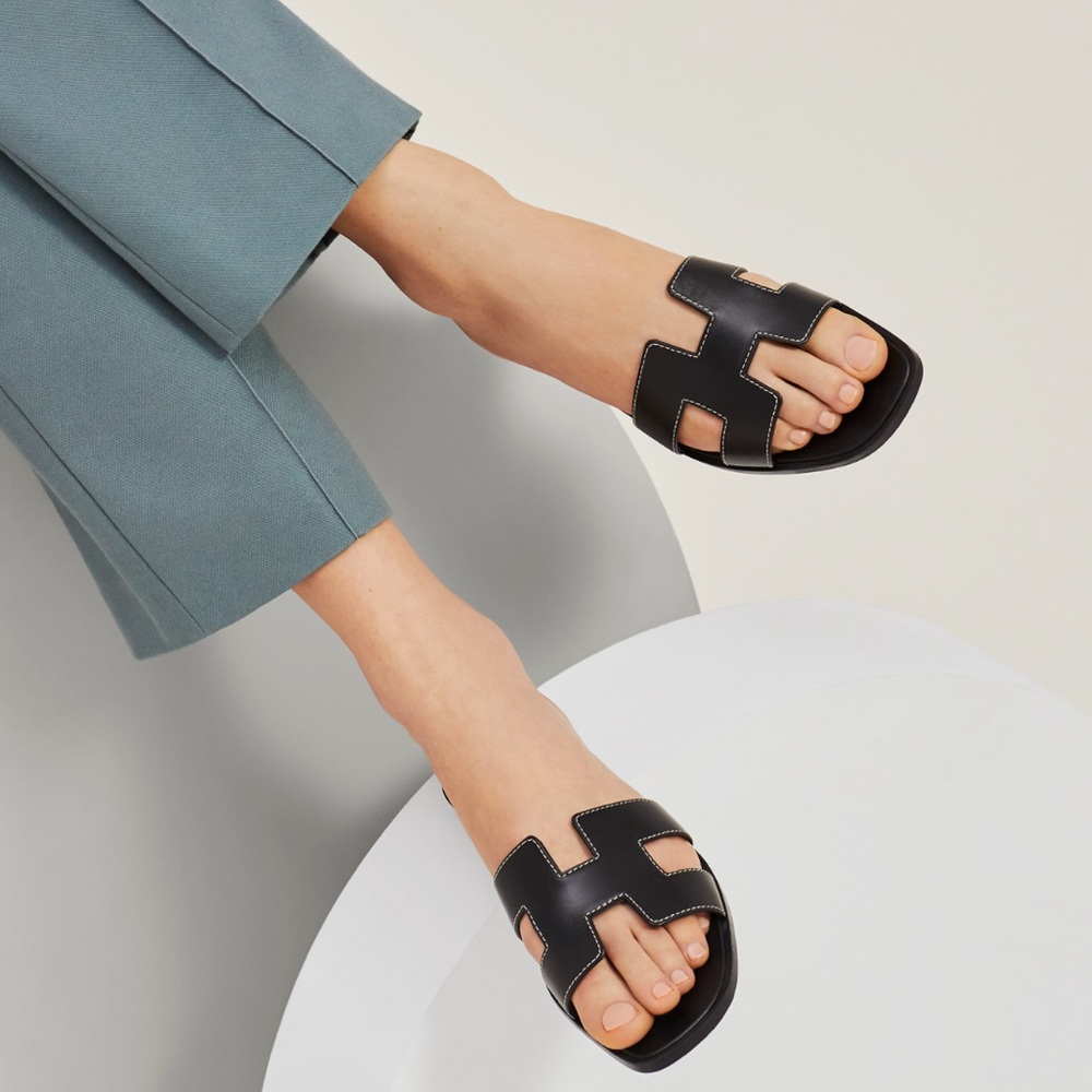 Hermes Black Oran Leather Sandals